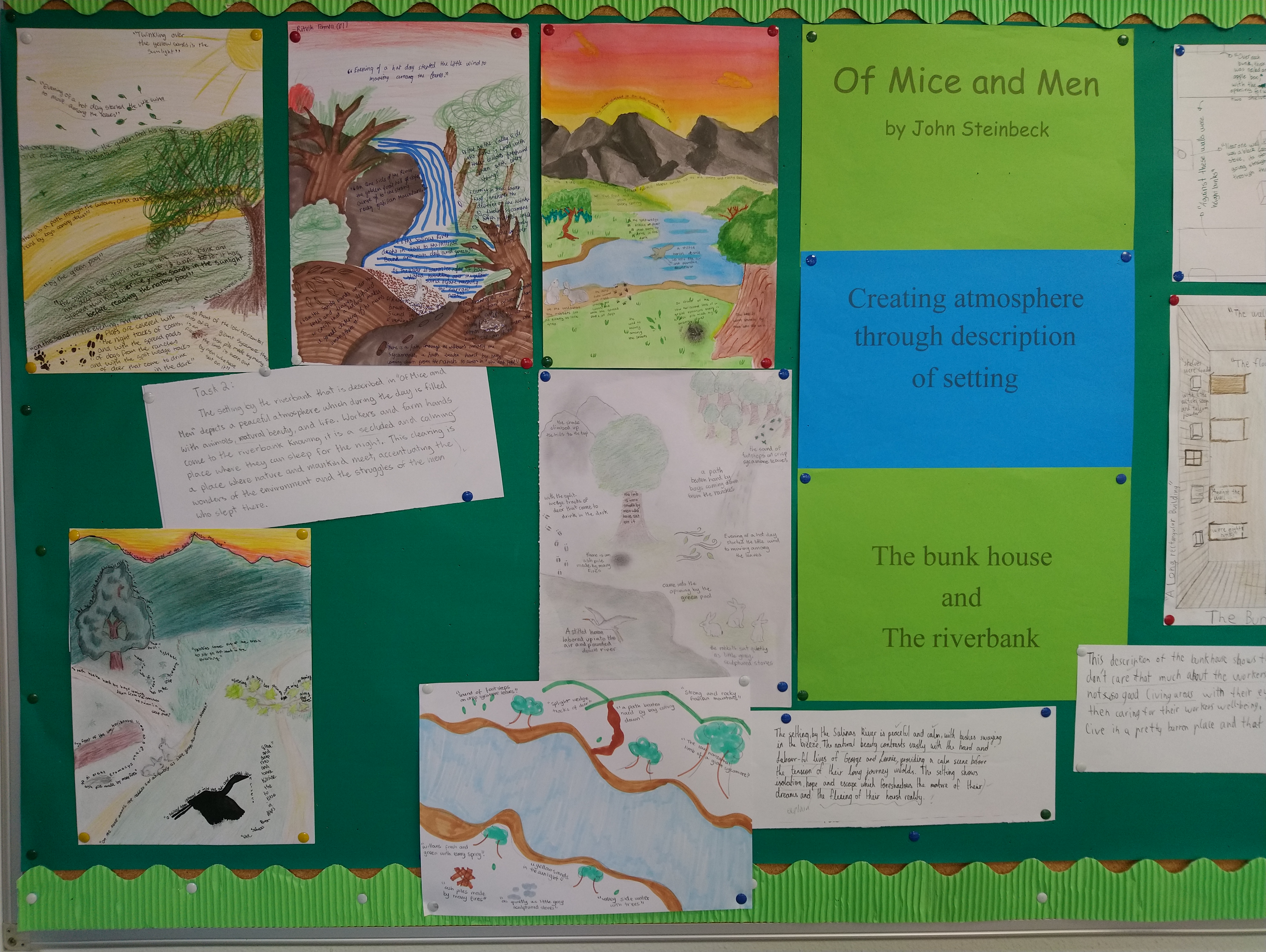 Student drawings and paragraphs about Steinbeck's settings